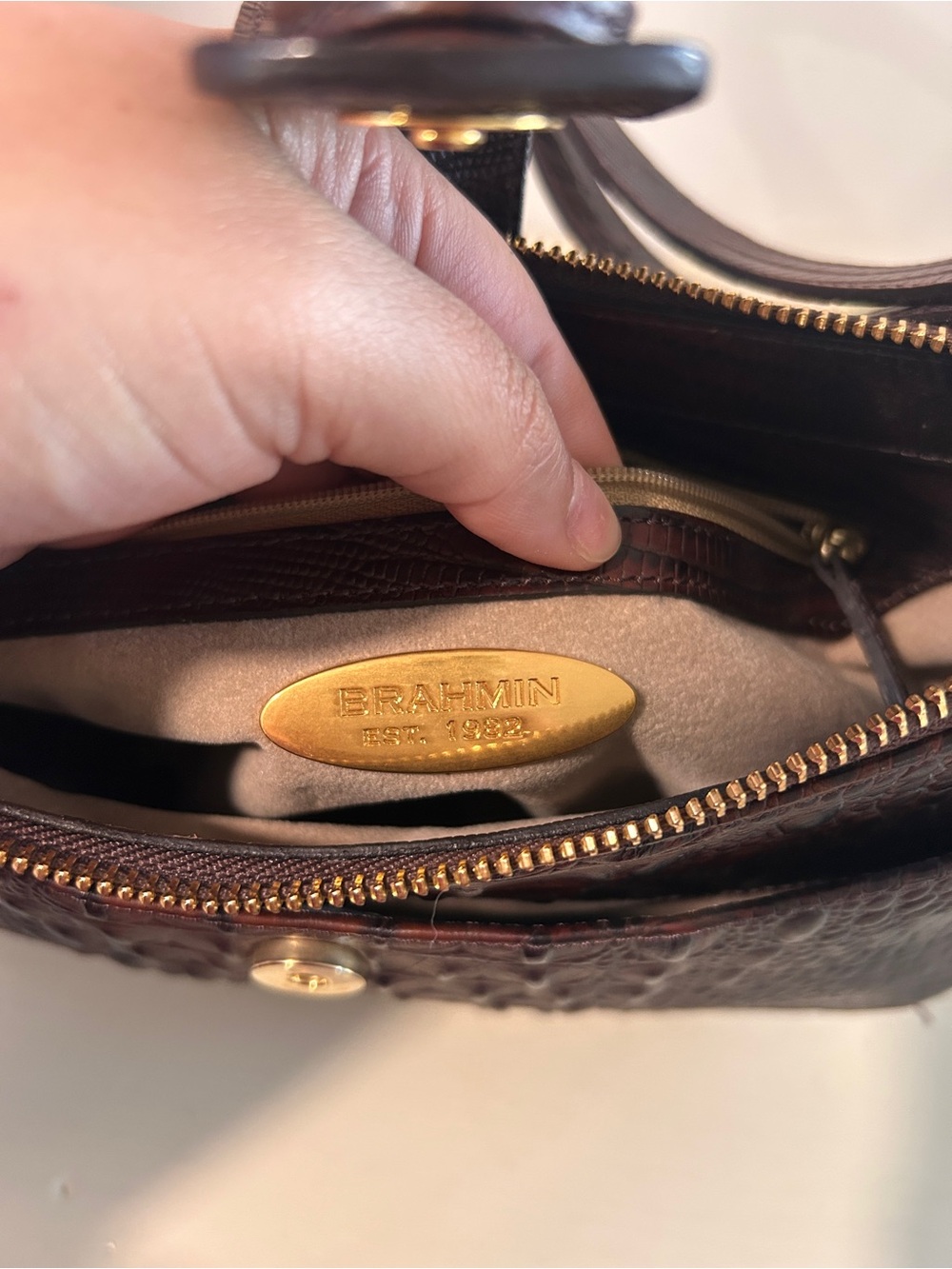 Brahmin Croc-Embossed Shoulder Bag in Deep Brown with Gold Accent - Picture 6 of 7